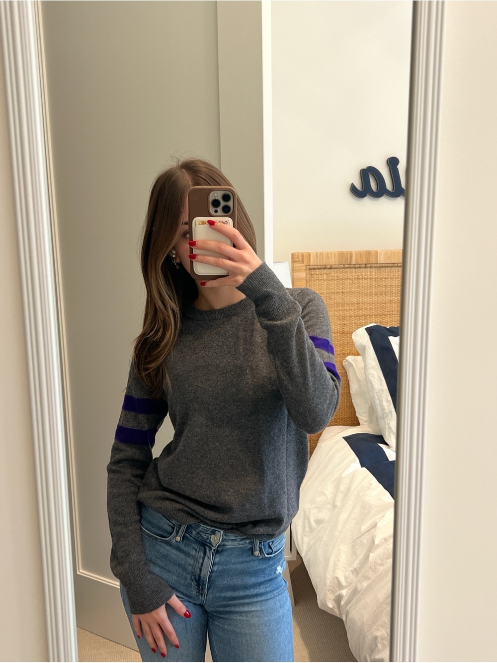 Aqua Charcoal Crewneck Sweater with Purple Sleeve Stripes